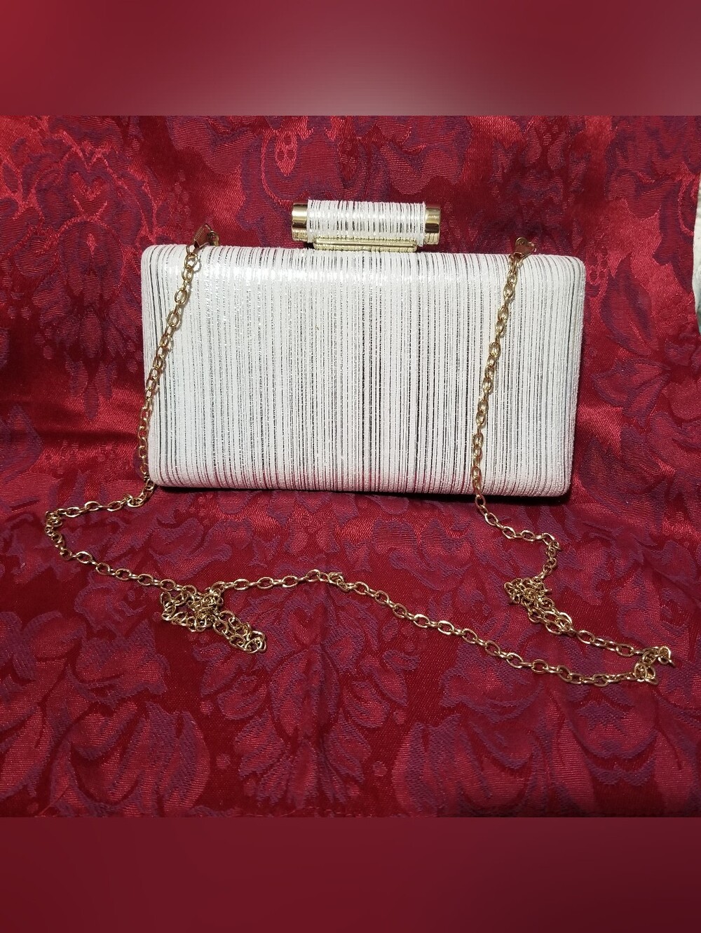 White Metallic Thread Evening Clutch with Gold Chain